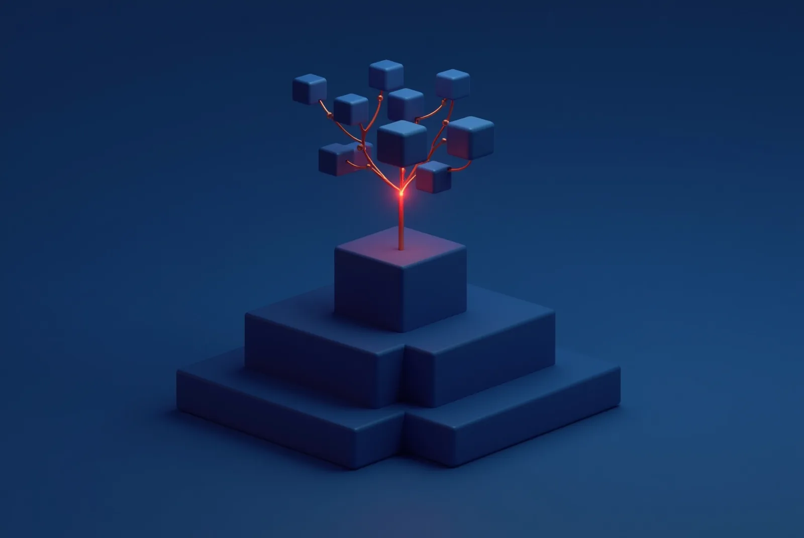 Stylised isometric illustration of a corporate structure tree of plain cubes rising from a stepped plinth, its trunk glowing red