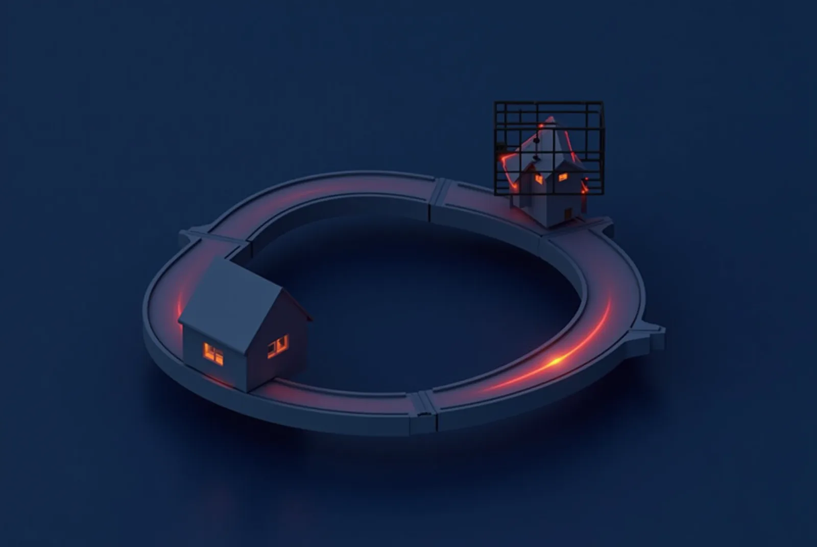 Stylised isometric illustration of a circular conveyor ring carrying a house from frame to finished home, with a glowing stream circling back